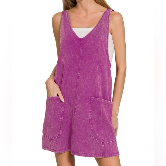 NWT Zenana Plum Purple Acid Wash Overall Knit Mini Dress - Picture 2 of 3
